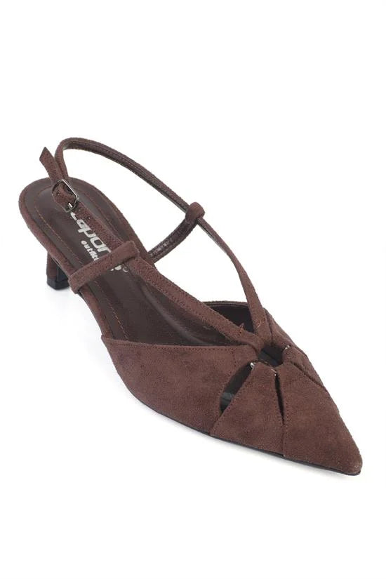 Capone Faydra Suede Look Pointed Toe Open Back Mid Heel Women Sued Mink Shoe