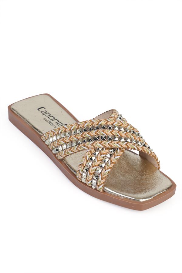 Capone Kyla Flat Heel Blunt Toe Metallic Cross Strap Women Black Sandals