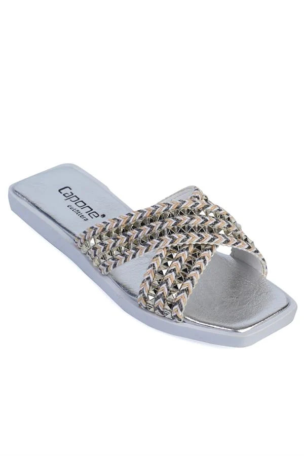 Capone Kyla Flat Heel Blunt Toe Metallic Cross Strap Women Black Sandals