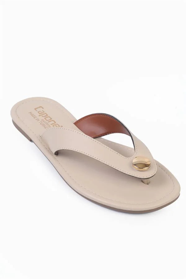 Capone Kassey Flat Heel Metal Accessory Round Thong Toe Women Beige Sandals