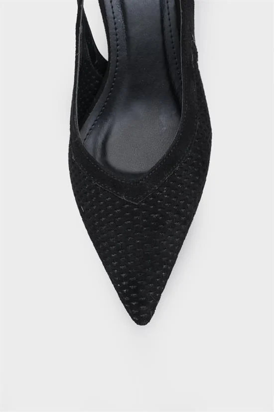 Capone Flori Suede Look Pointed Toe Open Back Mid Heel Women Sued Black Shoe