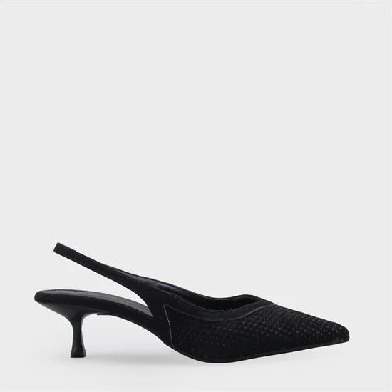 Capone Flori Suede Look Pointed Toe Open Back Mid Heel Women Sued Black Shoe