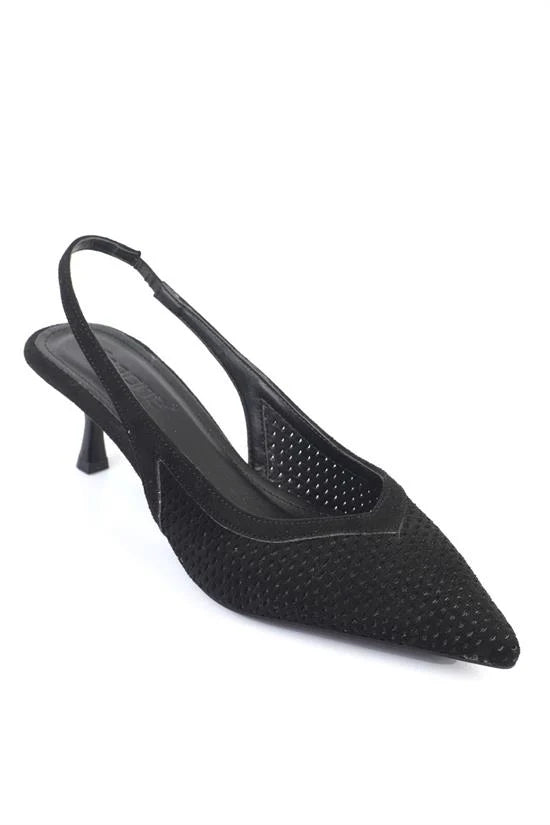 Capone Flori Suede Look Pointed Toe Open Back Mid Heel Women Sued Black Shoe