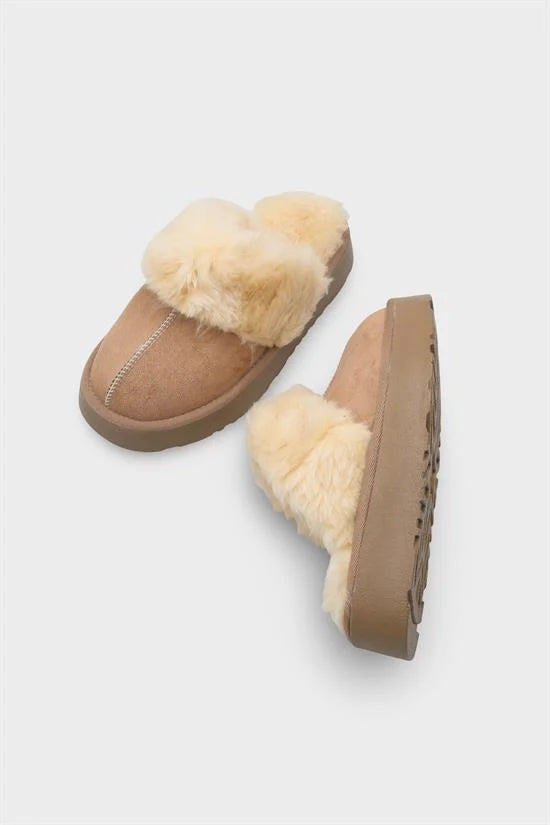 Capone Furry Closed Toe Women Sued Beige Slippers