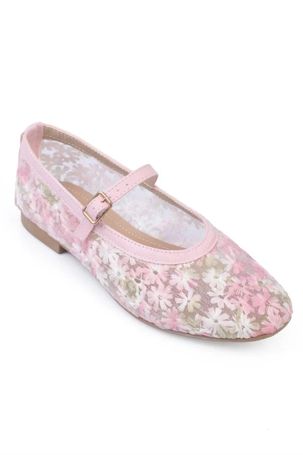 Capone Gabey Buckle Strap Mesh Floral Pattern Round Toe Flat Heel Casual Women Nude Ballet Flat