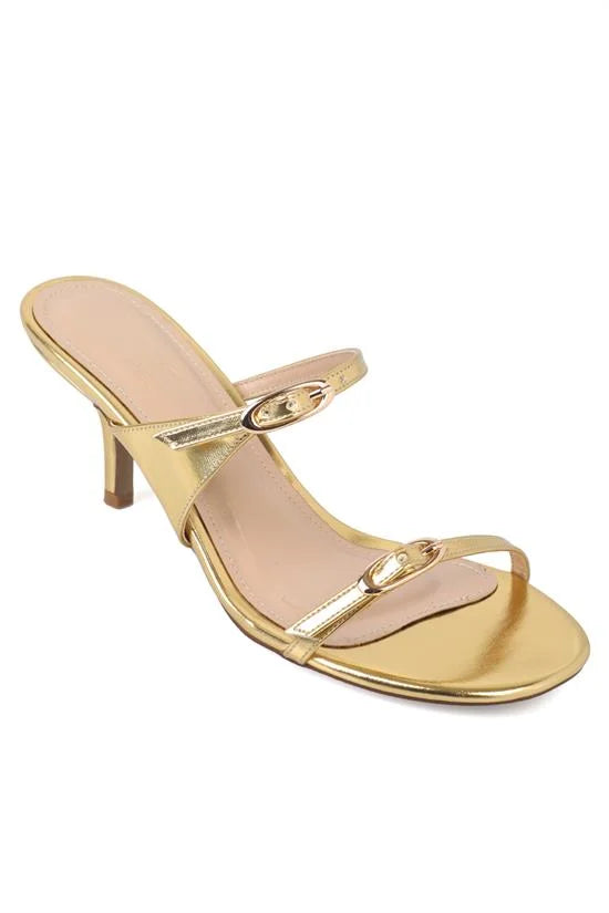 Capone Gerda Toe Double Buckle Mid Heel Elegant Women Metallic Silver Sandal
