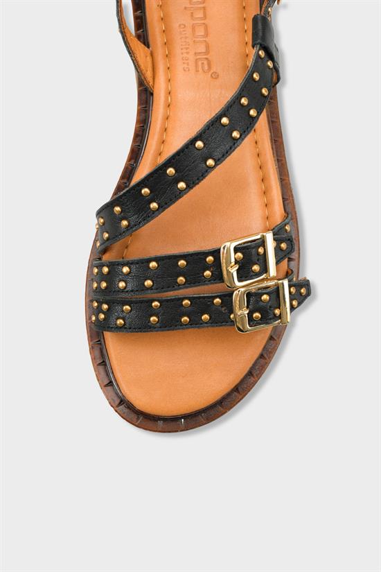 Capone Griselda Genuine Leather Metal Studded Band Flat Heel Women Black Sandal