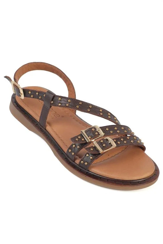 Capone Griselda Genuine Leather Metal Studded Band Flat Heel Women Black Sandal