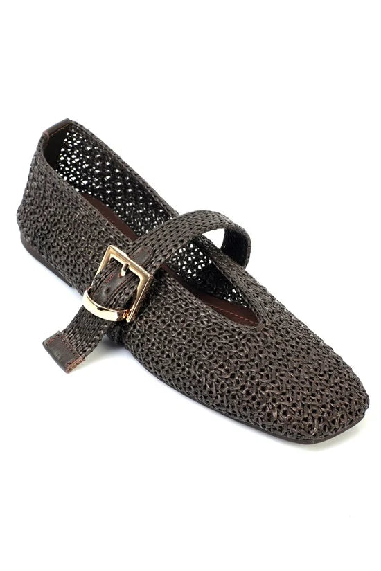 Capone Handwoven Raffia Leather Lined Women Black Ballet Flat