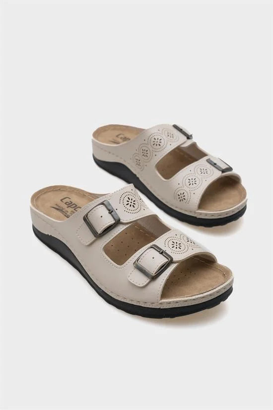 Capone Jaclin 107009 Women Beige Double Starps Slide Comfort Anatomical Sandals