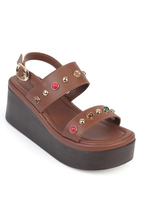 Capone Jennie Wedge Heel Colorful Crystal Embellished Double Band Women Black Sandal