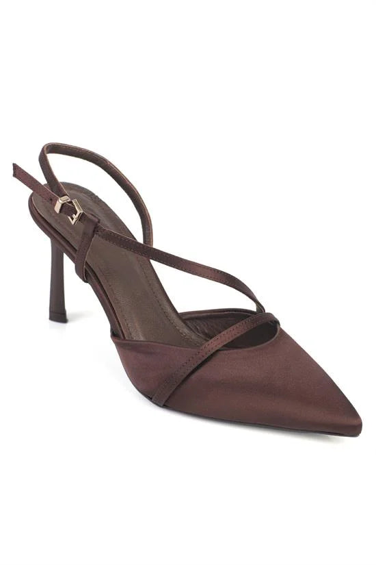 Capone Jodee Genuine Leather Lined Pointed Toe Mid Heel Satin Open Back Women Satin Black Shoe