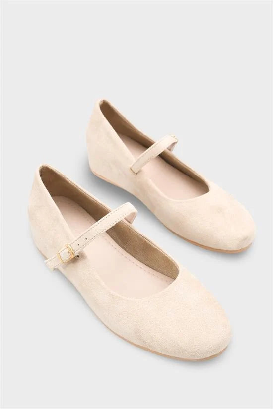 Capone Joell Suede Look Hidden Wedge Metal Buckle Women Sued Tan Ballet Flat