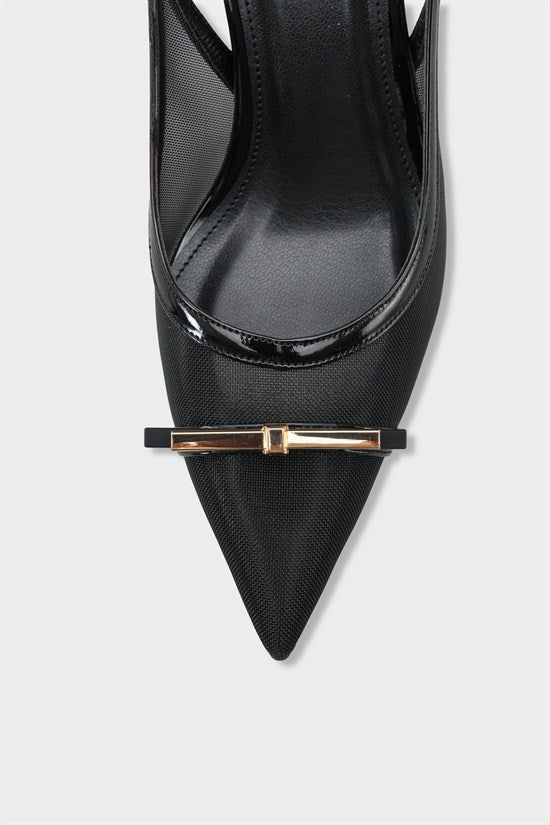 Capone Joya Mesh Pointed Toe Open Back Mid Heel Women Black Shoe