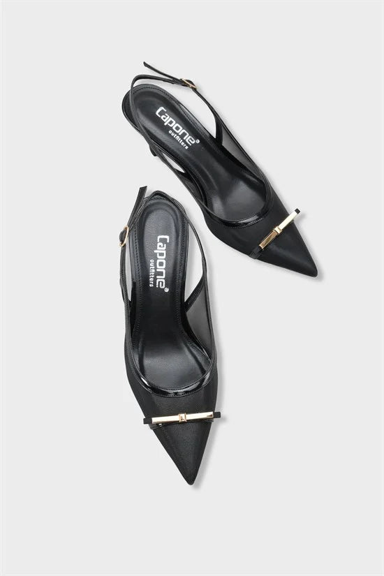 Capone Joya Mesh Pointed Toe Open Back Mid Heel Women Black Shoe