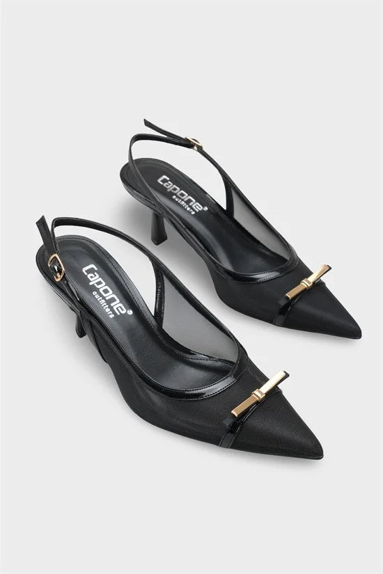 Capone Joya Mesh Pointed Toe Open Back Mid Heel Women Black Shoe