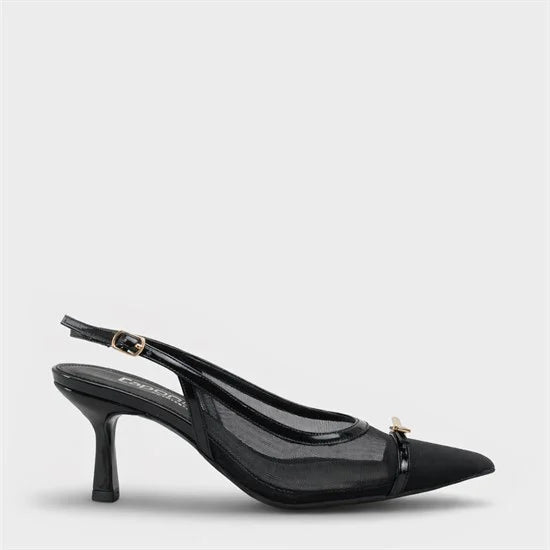 Capone Joya Mesh Pointed Toe Open Back Mid Heel Women Black Shoe