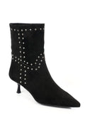 Capone Juliana Stud Detail Pull-On Pointed Toe Heeled Casual Suede Look Women Sued Black Ankle Boot