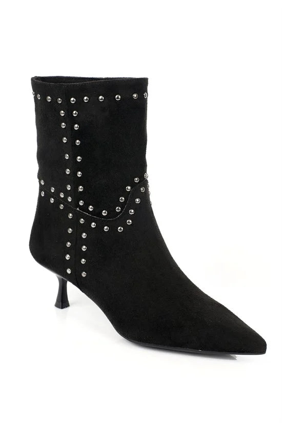Capone Juliana Stud Detail Pull-On Pointed Toe Heeled Casual Suede Look Women Sued Black Ankle Boot