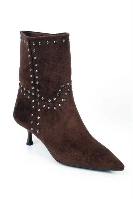 Capone Juliana Stud Detail Pull-On Pointed Toe Heeled Casual Suede Look Women Sued Black Ankle Boot