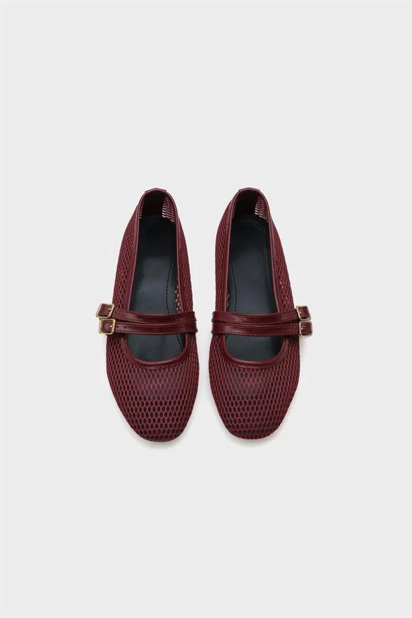 Capone June Buckle Double Strap Mesh Round Toe Flat Heel Casual Women Brown Ballet Flat