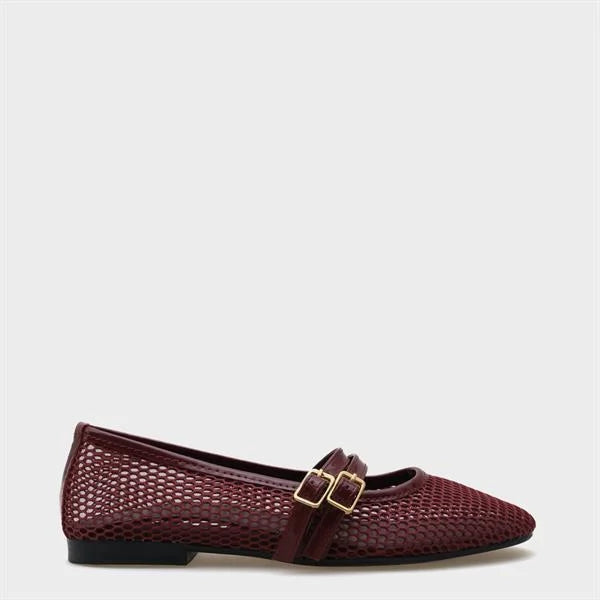 Capone June Buckle Double Strap Mesh Round Toe Flat Heel Casual Women Brown Ballet Flat