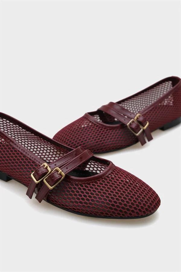 Capone June Buckle Double Strap Mesh Round Toe Flat Heel Casual Women Brown Ballet Flat
