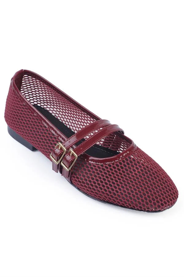 Capone June Buckle Double Strap Mesh Round Toe Flat Heel Casual Women Brown Ballet Flat