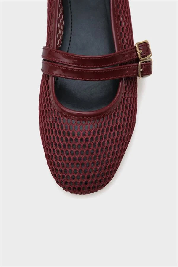 Capone June Buckle Double Strap Mesh Round Toe Flat Heel Casual Women Brown Ballet Flat