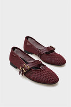 Capone June Buckle Double Strap Mesh Round Toe Flat Heel Casual Women Brown Ballet Flat