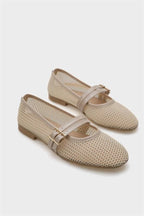 Capone June Buckle Double Strap Mesh Round Toe Flat Heel Casual Women Brown Ballet Flat