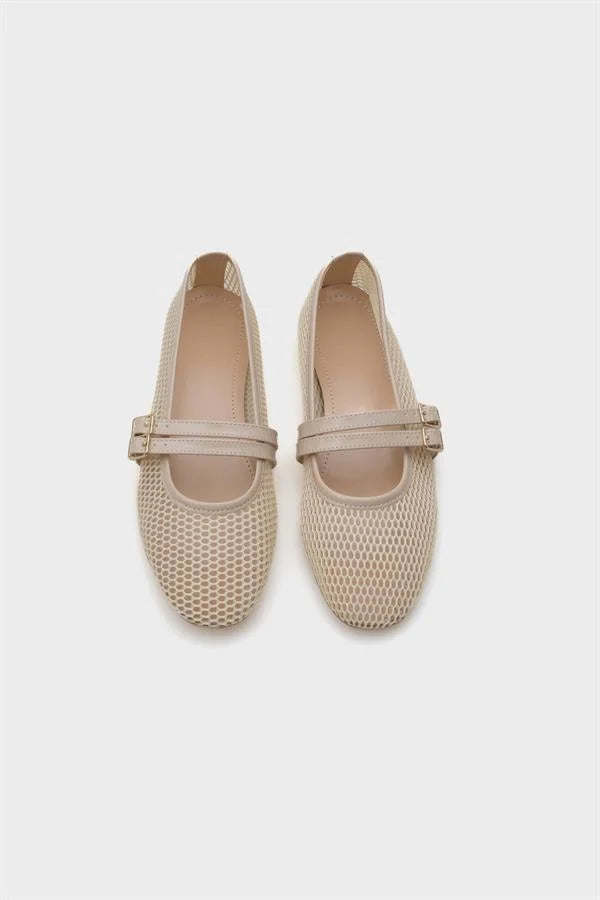 Capone June Buckle Double Strap Mesh Round Toe Flat Heel Casual Women Brown Ballet Flat