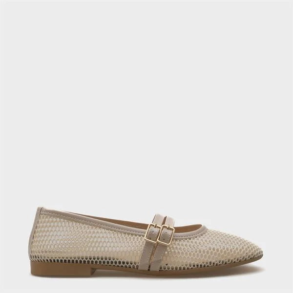 Capone June Buckle Double Strap Mesh Round Toe Flat Heel Casual Women Brown Ballet Flat