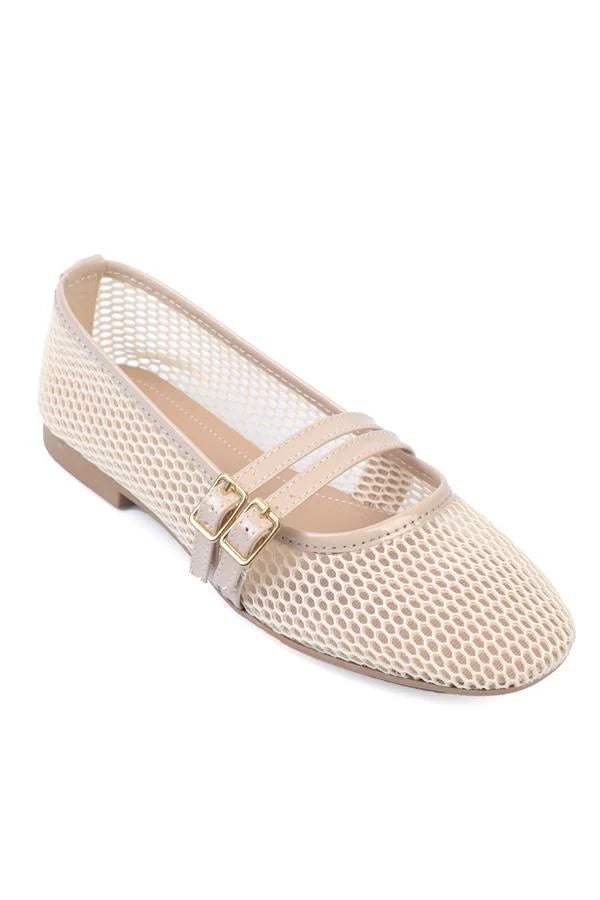 Capone June Buckle Double Strap Mesh Round Toe Flat Heel Casual Women Brown Ballet Flat