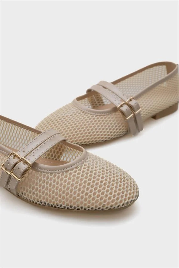 Capone June Buckle Double Strap Mesh Round Toe Flat Heel Casual Women Brown Ballet Flat