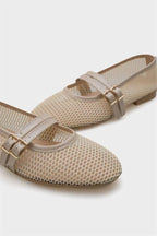 Capone June Buckle Double Strap Mesh Round Toe Flat Heel Casual Women Brown Ballet Flat