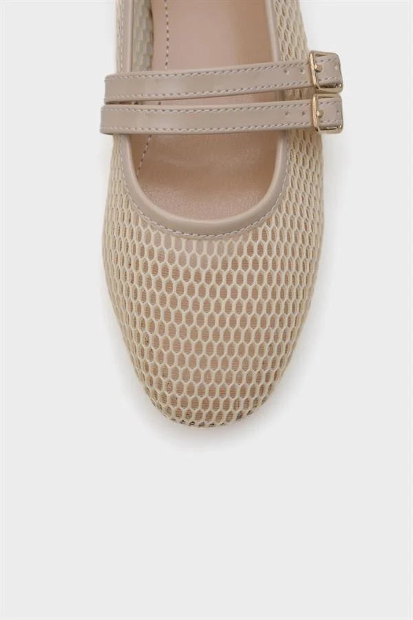 Capone June Buckle Double Strap Mesh Round Toe Flat Heel Casual Women Brown Ballet Flat