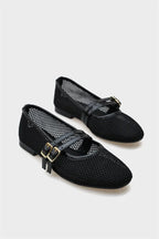 Capone June Buckle Double Strap Mesh Round Toe Flat Heel Casual Women Brown Ballet Flat