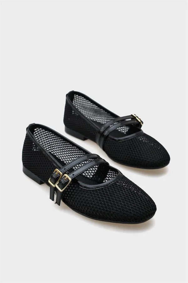 Capone June Buckle Double Strap Mesh Round Toe Flat Heel Casual Women Brown Ballet Flat