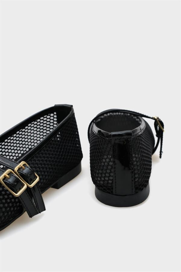 Capone June Buckle Double Strap Mesh Round Toe Flat Heel Casual Women Brown Ballet Flat