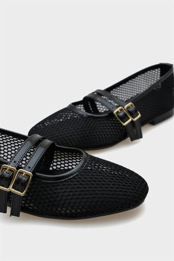 Capone June Buckle Double Strap Mesh Round Toe Flat Heel Casual Women Brown Ballet Flat