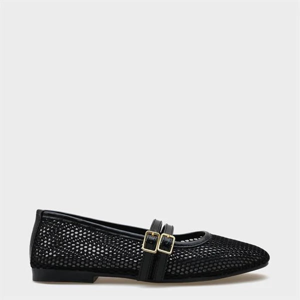 Capone June Buckle Double Strap Mesh Round Toe Flat Heel Casual Women Brown Ballet Flat