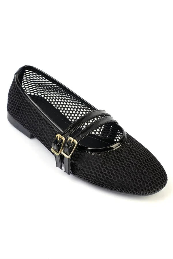 Capone June Buckle Double Strap Mesh Round Toe Flat Heel Casual Women Brown Ballet Flat