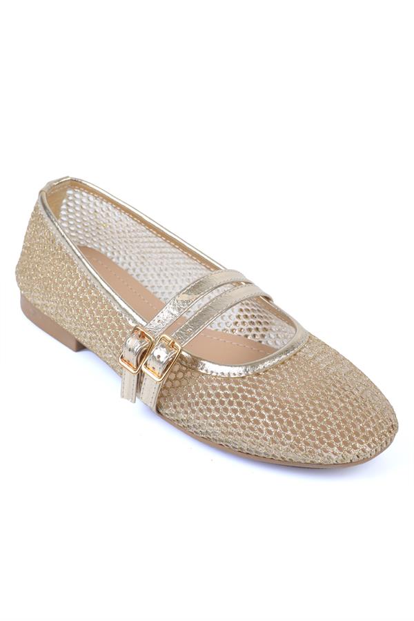 Capone June Buckle Double Strap Mesh Round Toe Flat Heel Casual Women Brown Ballet Flat