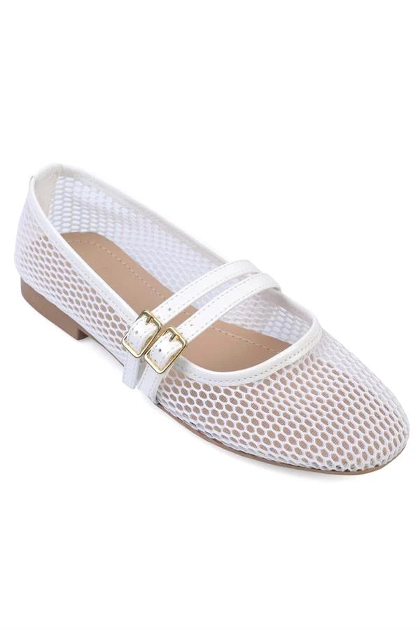 Capone June Buckle Double Strap Mesh Round Toe Flat Heel Casual Women Brown Ballet Flat