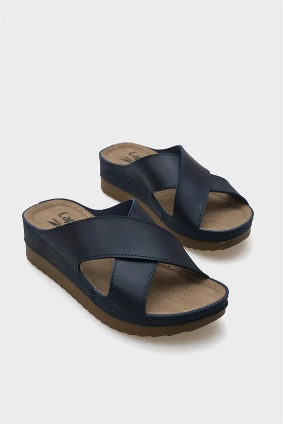 Capone Kandy Z0632 Women Navy Slide Comfort Anatomical Cross Band Sandals