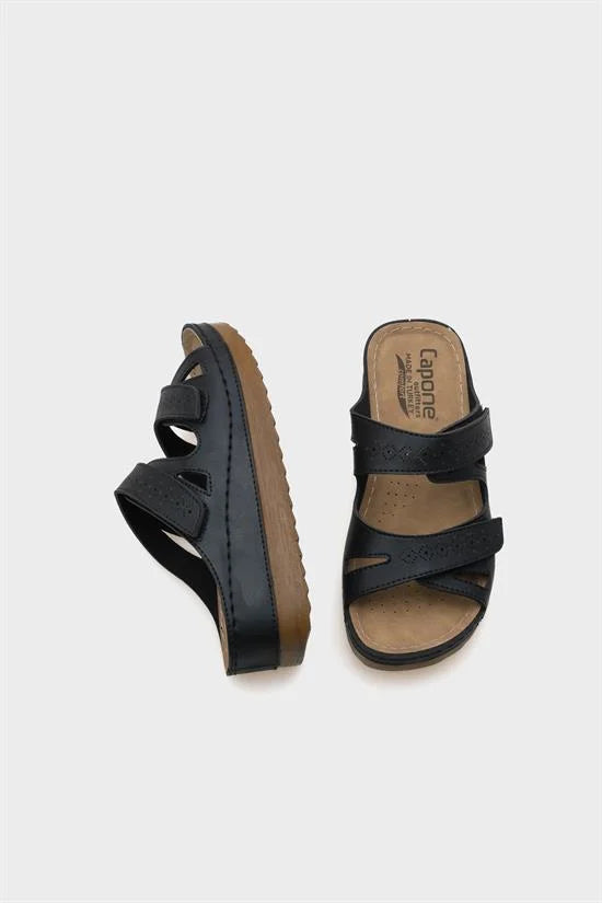 Capone Kara Z0679 Women Black Slide Comfort Anatomical Adjustable Double Band Sandals