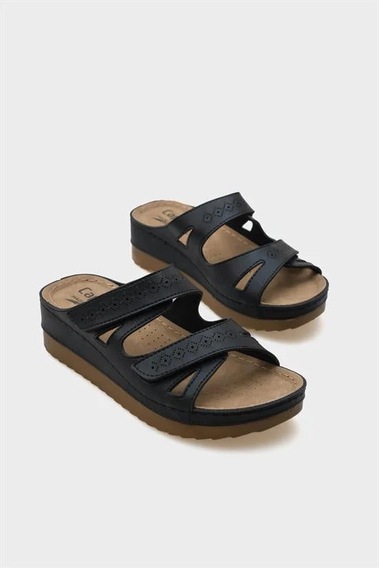 Capone Kara Z0679 Women Black Slide Comfort Anatomical Adjustable Double Band Sandals