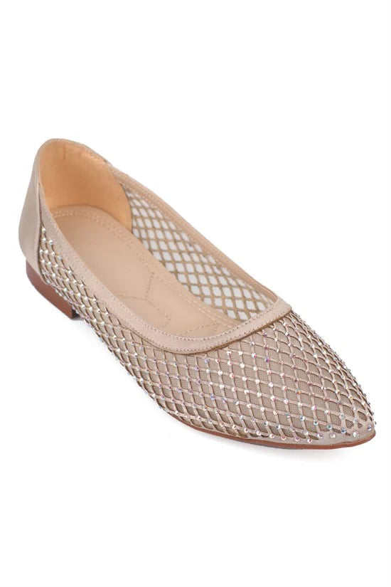 Capone Kathlene Pointed Toe Crystal Embellished Mesh Women Silver Wedding Ballet Flat