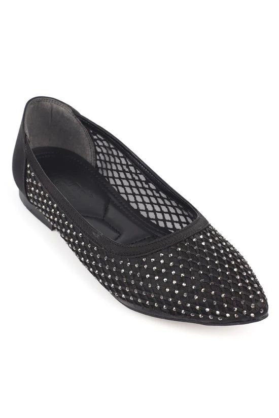 Capone Kathlene Pointed Toe Crystal Embellished Mesh Women Silver Wedding Ballet Flat